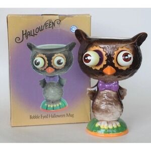 New In Box 8.5" Bobble Eyed Halloween Fall Owl Mug Candy Dish Cracker Barrel